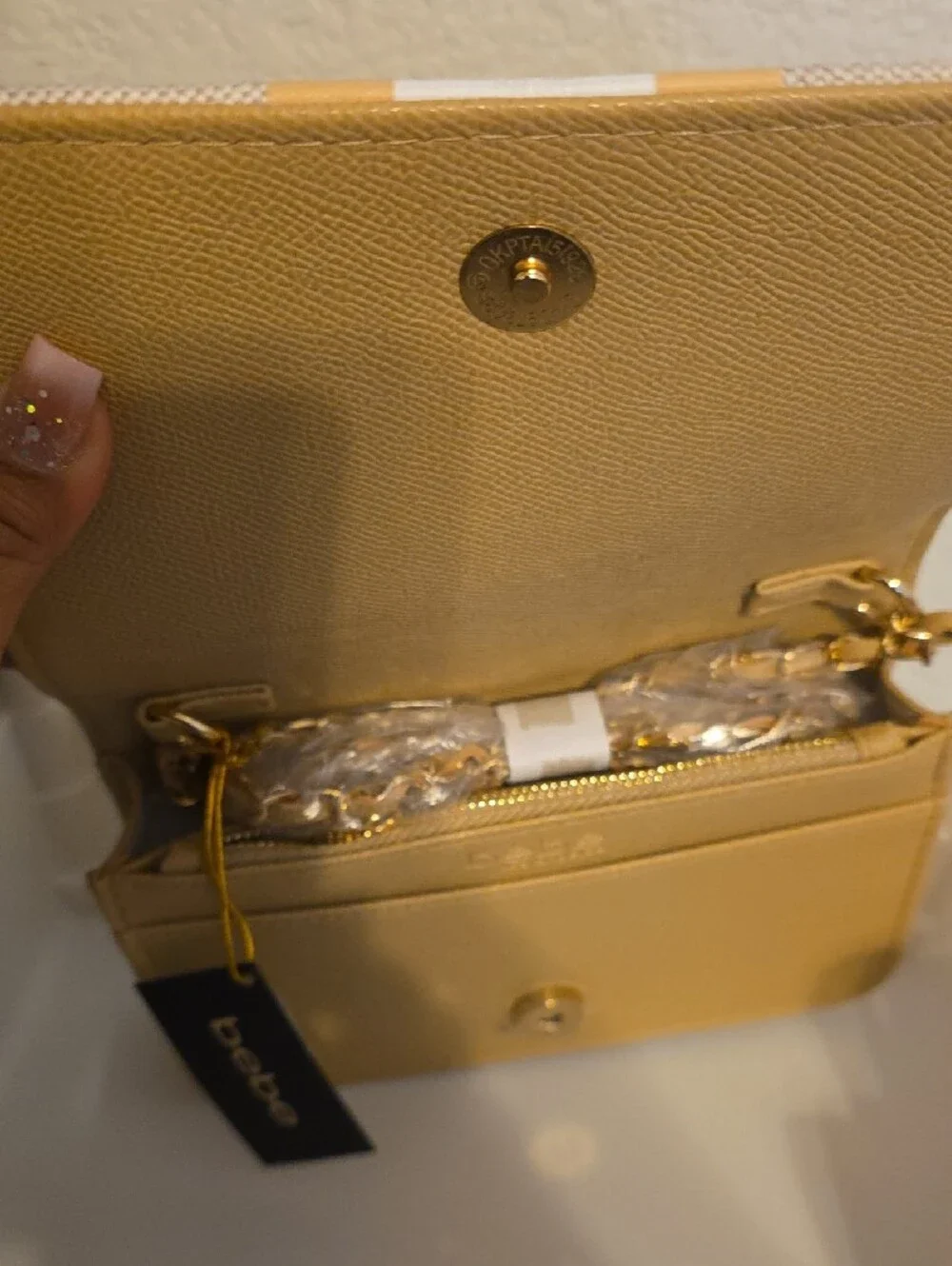 bebe Beige Clutch with Yellow and White Stripes